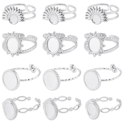 SUNNYCLUE 1 Box 4 Styles 16Pcs Ring Blank Setting Stainless Steel Bezel Ring Blanks Silver Adjustable Antique Metal Base Tray Findings Components for Jewelry Making DIY Gifts Supplies Women Adults - style: Ring 3