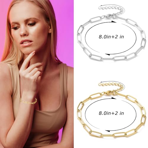 Exway 20 Pcs Paperclip Charm Bracelets Chain 8.0 Inch Stainless Steel Gold and Sliver Chain Bracelets Kit with Lobster Clasps for Crafts DIY Women Jewelry Making - color: gold+silver style C, size: 8.0in