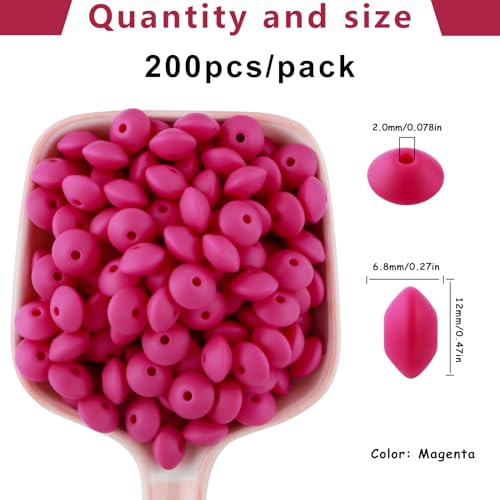 Sunrony 200Pcs Silicone Lentil Beads for Keychain Making, Bulk 12mm Silicone Abacus Spacer Beads for Necklace Bracelet Making Pens(Magenta) - color: H-Magenta