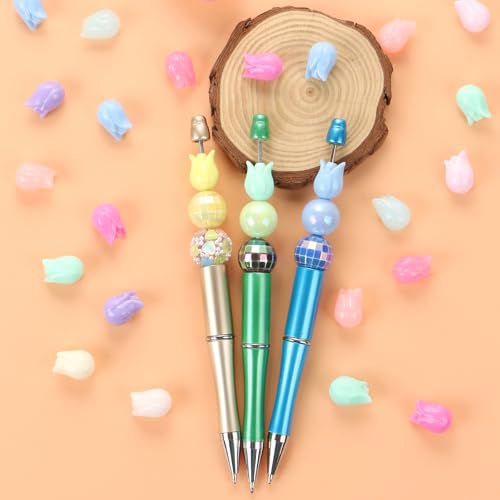 100Pcs Tulip Focal Beads for Pens Colorful Flower Fancy Spacer Beads for DIY Craft Beadable Pens Keychains Bracelet Necklace Earrings - color: Tulip
