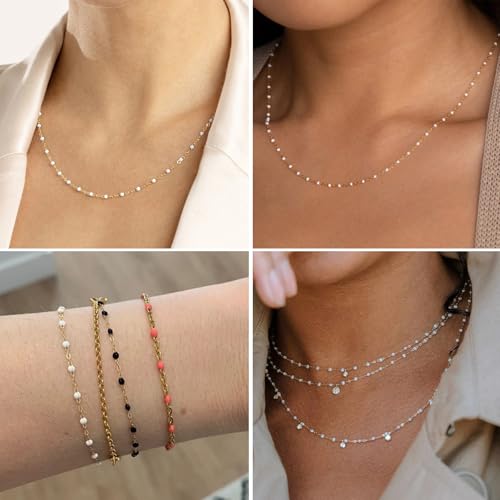 33 Feet Gold Enamel Chains Bulk, 2mm 18K Gold PVD Plated 304 Stainless Steel White Enamel Beaded Cable Link Chain Roll Spool for Jewelry Making - color: Gold White Beads