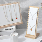 3 Pcs Necklace Display Stands for Selling, Bamboo Necklace Holder with PU Leather Panel Beige Multi-Tiered Jewelry Display Storage Set for Vendors and Home (11.8x7.9x3.3 Inch/10.6x3.9x3.7 Inch)