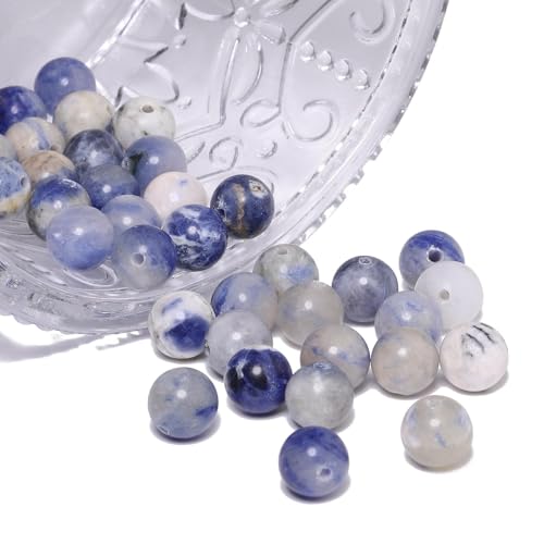About 35pcs 10mm Natural Stone Beads White Blue Sodalite Beads Energy Crystal Power Gemstone for Jewelry Making, DIY Bracelet Necklace - color: Blue White Sodalite, size: 10mm