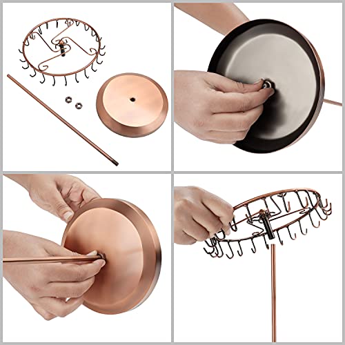 BELLE VOUS Copper Metal Rotating Jewellery Holder Display Stand (23 Hooks) - H34.8 x W20.5cm / 13.70 x 8.07 Inches - Hanging Organiser Tower Rack - Storage for Necklaces & Bracelets, Rings & Earrings