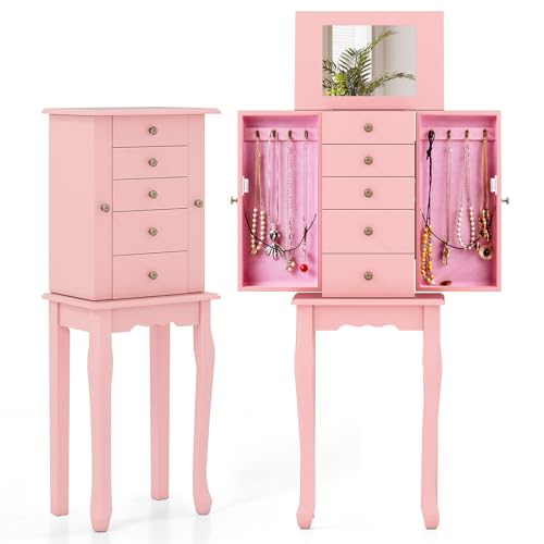GOFLAME Standing Jewelry Armoire Cabinet with Top Flip Mirror, Jewelry Box Chest with 4 Drawers, Top Compartments, 8 Necklace Hooks and 2 Side Doors, Jewelry Storage Organizer for Bedroom, Pink - color: Pink, size: 12.5" x 8.5" x 34"