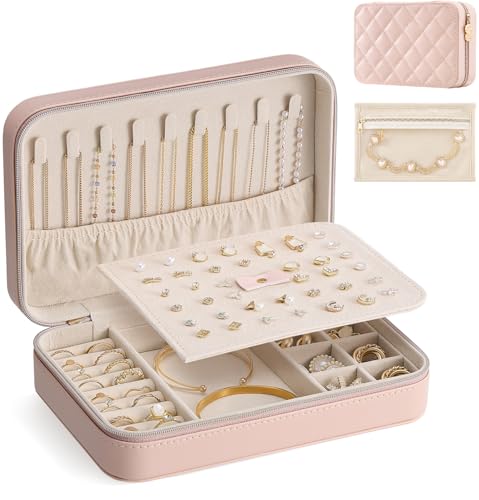 Lolalet Travel Jewelry Case for Women Girls, PU Leather Jewelry Organizer with Clear Storage Bag Small Portable Jewelry Box for Necklace Bracelet Earring Ring Mothers Day Birthday Gifts -Large/Pink - color: Pink, size: Large (8.2"W*4.2"D*2.4"H)