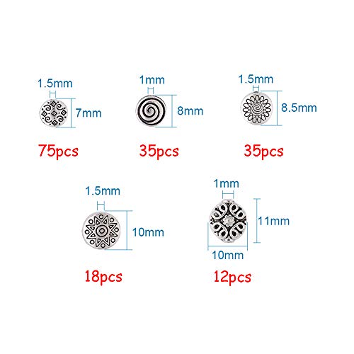 KISSITTY 175pcs/box 5 Styles Tibetan Antique Silver Flat Round Spacer Loose Beads 7mm 8mm 9mm 10mm 11mm Metal Rondelle Disc