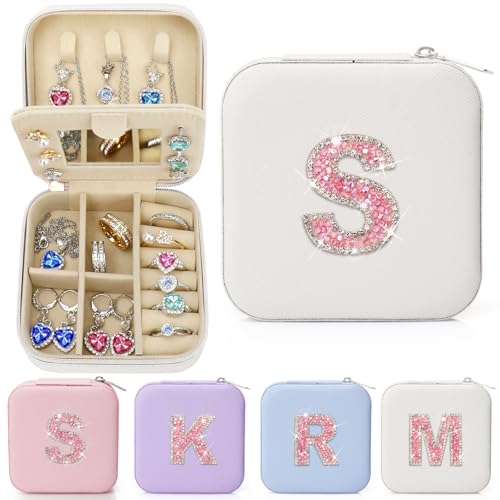 Sparkling Initial Jewelry Box Organizer,Personalized Travel Jewelry Box for Girls & Women,Glitter Rhinestone Jewelry Case Gifts for Easter, Birthday & Christmas,Small Size (Beige, S) - color: Beige, size: S