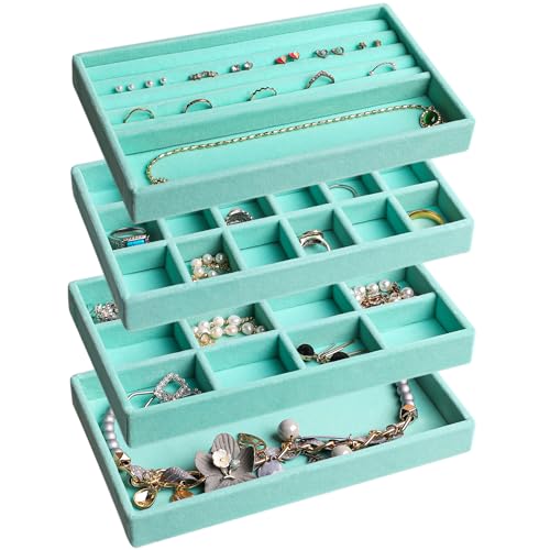 Frebeauty Jewelry Organizer Tray,Stackable Velvet Jewelry Trays,Drawer Inserts Earring Organizer For Women Jewelry Storage Display Case for Rings Stud Necklaces,Set of 4(Turquoise) - color: Turquoise, size: Set 4