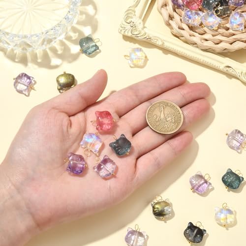 Ipotkitt 100 Pcs 5 Colors Glass Cat Head Charms Colorful Crystal Animal Head Kitten Cute Pet Charms with Golden Tone Brass Loops for Jewelry Making - color: 100pcs-Glass Cat Head Charms