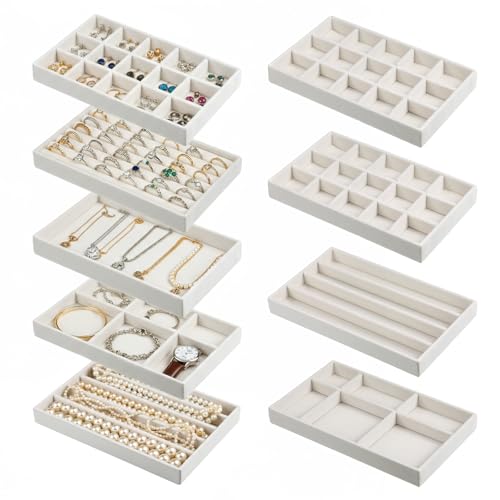 9 Set Velvet Jewelry Drawer Organizer Inserts, Stackable Jewelry Organizer Trays with Removable Dividers, Jewelrys Storage Display Tray, for Earring Ring Necklace Watch Bracelet, Beige