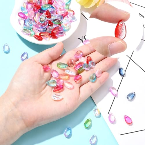 Ipotkitt 200 Pcs Random Color Transparent Glass Teardrop Charms Crystal Water Drop Bead Charms Top Drilled Beads for DIY Earring Necklace Bracelets - color: 200pcs-Drop Charms-Mixed Color