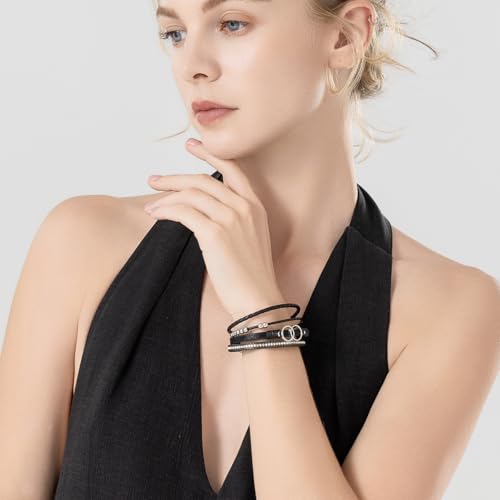 FANCY SHINY Mothers Day Gifts Boho Leather Wrap Bracelet Stackable Infinity Chunky Cuff Bracelets Western Hippie Outfits Jewelry Valentine Gifts for Women - color: Black