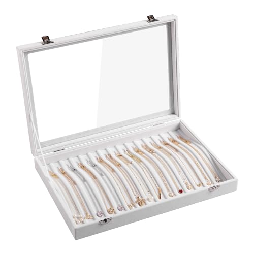 Frebeauty 15 Hooks Necklace Tray,Neckalce Organizer with Clear Lid,Velvet Necklace Holder Box,Jewelry Organizer for Pendants Chains,13.8x9.5x2 inches Necklace Jeweley Tray for Women(White) - color: White