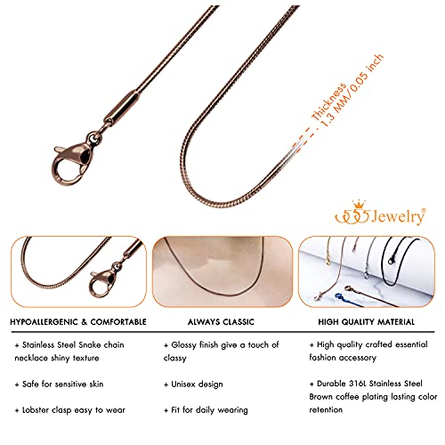 555Jewelry 1.2mm Stainless Steel Snake Chain Necklace for Men & Women, 16-28 Inch - color: Coffee
