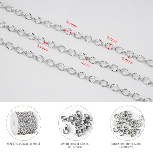 KYUNHOO 3 Meters Stainless Steel Necklace Chains for Jewelry Making Embossed Cable Links on Roll Rhombus Sunflower Shape Craft Chain with Lobster Clasps Jump Rings - color: Sunflower Silver