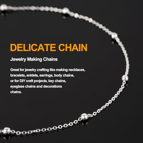 KYUNHOO 32.8 Feet Beaded Chain for Jewelry Making Thin Cable Chains Bulk Silver Jewelry Supplies for Women Men DIY Handcrafts with Lobster Clasps Jump Rings - color: Bead Silver