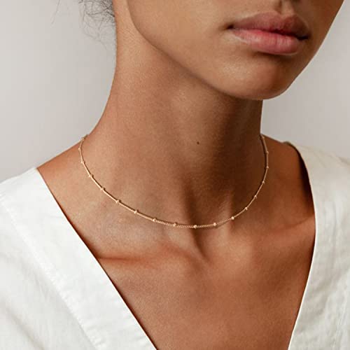 MEVECCO Dainty Gold Chain Choker Necklace 14K Gold Plated Handmade Boho Cute Tiny Beaded Link Choker Necklace Delicate Simple Minimalist Choker Necklace for Women - style: Gold Satellite Bead