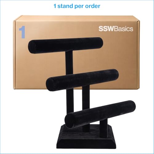 SSWBasics Jewelry Organizer Display Stand (3 Tier) - Necklace Bracelet and Watch Holder Display Stand, Black Velvet T-Bar Table Top Jewelry Tower