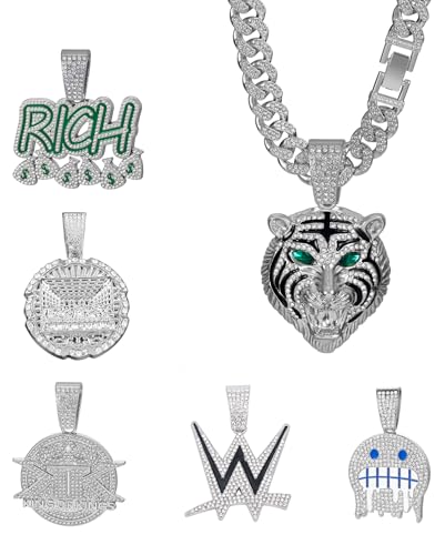 Lced Out Diamond Cuban Chain for Men | Hip Hop Miami Link Necklace Silver & Gold Plated Options with Pendant, 7-Pack Gift Set - color: Silver, size: 24 inches