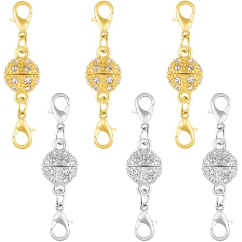 Magnetic Crystal Ball Jewelry Clasps Set, Gold and Silver Plated, Easy-to-Use Connectors with Lobster Closures for Necklaces (6pcs Golden Silvery) - color: 6pcs golden silvery