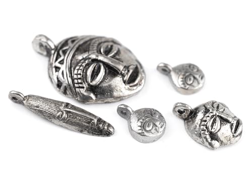 TheBeadChest 5 Pendant Bundle: African Silver Masks: Genuine West African Mask Design for DIY Jewelry & Necklaces - color: Silver, size: Variety Pack (5 Pendants)