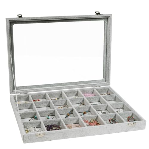 Stratalife Velvet Jewelry Organizer 24 Grid Jewelry Tray with Clear Glass Lid Display Showcase Storage Organizer Box for Earring Necklace Rings Dice Gray (24 Grids) - color: Gray, size: 30 Grid