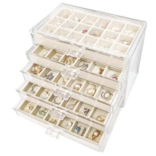 Acrylic Earring Holder Organizer with 5 Drawers Clear Earring Organizer Box with 90 Adjustable Grids Velvet Earring Display Case Jewelry Organizer for Earrings Rings Studs (Beige) - color: Beige
