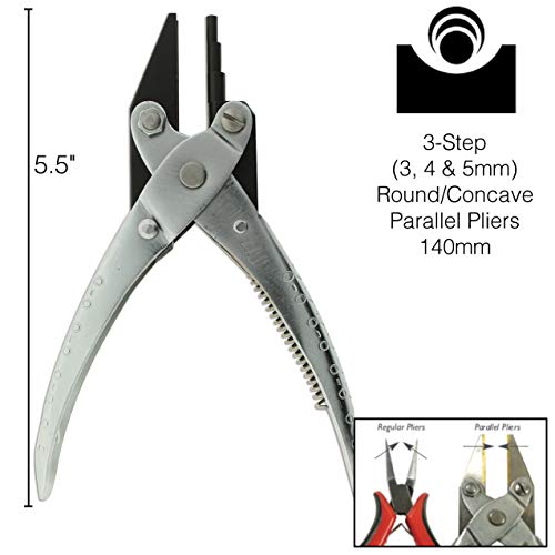 The Beadsmith 3-Step Round and Concave Nose Parallel Plier, Loops 3, 4, 5mm, 5.5 inches (140mm), Steel Tool for Jewelry Making, with Spring - style: 3-Step Round/Concave - 140mm