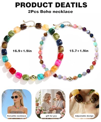 BOMAIL 2PCS Chunky Acrylic Beaded Choker Necklaces for Women Boho Colorful Resin Bead Choker Necklaces Set Big Bead Necklace Fashion Trendy Summer Necklaces Jewelry - color: B:Gold Bead
