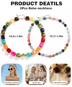 BOMAIL 2PCS Chunky Acrylic Beaded Choker Necklaces for Women Boho Colorful Resin Bead Choker Necklaces Set Big Bead Necklace Fashion Trendy Summer Necklaces Jewelry - color: B:Gold Bead