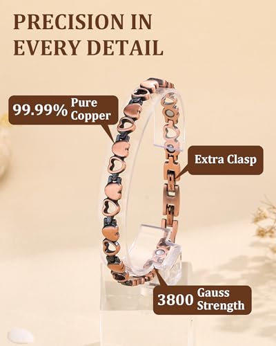 99.99% Pure Copper Magnetic Bracelet for Women, Heart Wire Design Adjustable Jewelry with 3800 Gauss Magnets, Elegant Gift Box - color: Copper Heart
