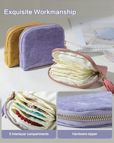 Travel Jewelry Case, Small Velvet Jewelry Bag with Zipper, 5-Layer Anti-Scratch Pouch for Bracelets Necklaces Earrings, Tangle-Free Jewelry Storage, Gift for Her Chenille Velvet Pink - color: Pink