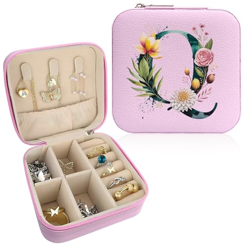 Monogram Jewelry Box Portable Print Jewelry Box, 1pcs Pink Compact Jewelry Box Travel Jewelry Case Travel Case Organizer Bag Storage Box Jewelry Holder For Necklace Earrings Rings Bracelet (Letter Q) - color: Letter Q