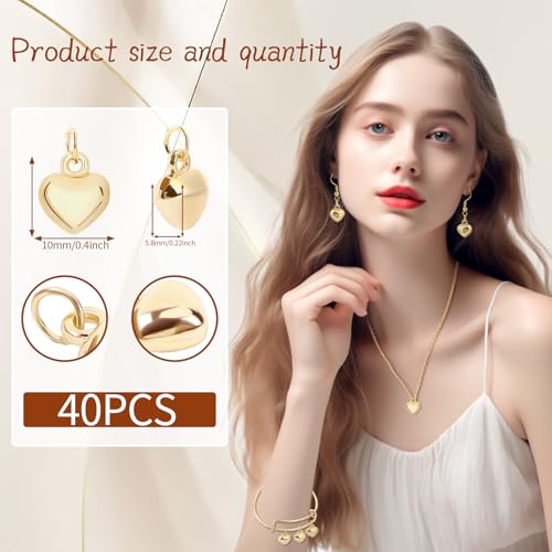 MARFOREVER 40 Pcs 18K Gold Heart Charms for Jewelry Making, Valentines Charms 3D Love Heart Shape Dangle Pendants for Mother's Day Valentine's Gifts Bracelet Necklace Earrings Making DIY Crafts - style: Gold Heart