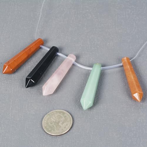 50mm Natural Red Jasper Black Obsidian Pink Quartz Aventurine Hexagonal Wand Jewelry Making Crystal Pointed Chakra Reiki Healing Beads 2mm Hole Drilled(Pack of 5) - color: Mix Gemstone