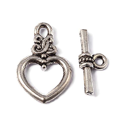 Craftdady 20 Sets Antique Silver Heart Toggle Clasps Tibetan T Bar Closure End Clasps for Bracelet Necklace Making - color: Antique Silver, 21x13mm