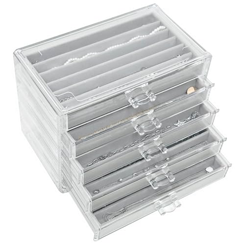Necklace Organizer Box 5 Drawers Necklace Holder Organzer with 30 Compartments Velvet Necklaces Display Case with Lid Acrylic Jewelry Organizer for Necklace Pendant Chains (Grey) - color: Grey