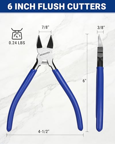WORKPRO 6 Pack Wire Cutters, 6 Inch Precision Flush Cutters, Spring Loaded Side Cutting Pliers, Sharp Diagonal Cutters for Crafts, Jewelry Making, Electronics