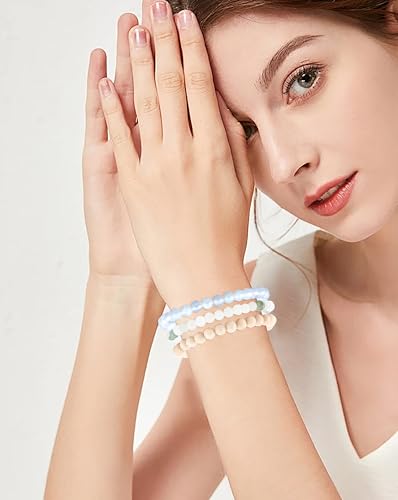 2/3-Pieces 4mm 6mm 8mm Natural Crystal Gemstone – Handmade Reiki Energy Healing Stretch Bracelets Jewelry for Yoga, Meditation, Unisex - color: 3 Pieces (Opalite&TianshanJade&WhiteFossilJasper), size: 6mm