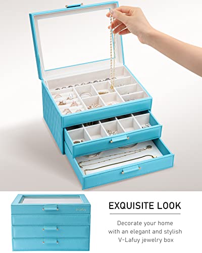 Jewelry Organizer for Women, Jewelry Box with Clear Glass Lid 3-Tier with 2 Drawers, Gift for Women Man on Thanksgiving Day, Christmas, New Year, Valentine's Day - Blue - color: Blue