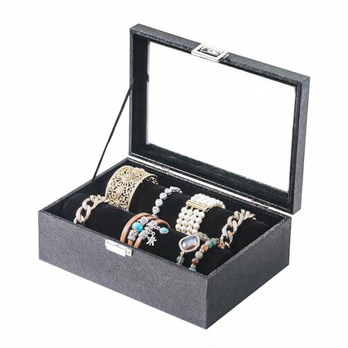 Bracelet Display Holder with Rods for Bangles Watches, Jewelry Organizer Box Storage Case with Clear Lid (Black) - color: Black