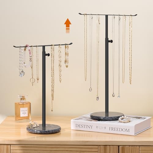 Black Necklace Holder Jewelry Organizer Stand – Adjustable Height T‑Bar Jewelry Display with Dark Gray Marble Base, Necklace & Bracelet Holder, Countertop Jewelry Rack - color: Black