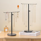 Black Necklace Holder Jewelry Organizer Stand – Adjustable Height T‑Bar Jewelry Display with Dark Gray Marble Base, Necklace & Bracelet Holder, Countertop Jewelry Rack - color: Black