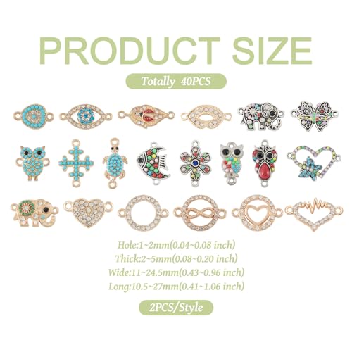 Cheriswelry Rhinestone Enamel Connectors Charm Links Evil Eye Alloy Metal Pendants Antique Silver Flat Round Hamsa Hand Owl Feather Heart Charm Pendant for Bracelet Necklace Jewelry Making - color: Antique Silver Gold-Mixed Shapes