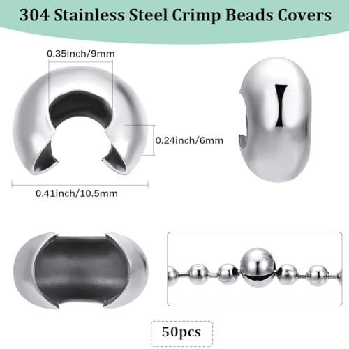 Beebeecraft 1 Box 50Pcs 304 Stainless Steel Crimp Beads Covers 9mm Open Half Round Crimp Bead Knot Cover Small Beads for Jewelry Craft Making
