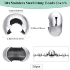 Beebeecraft 1 Box 50Pcs 304 Stainless Steel Crimp Beads Covers 9mm Open Half Round Crimp Bead Knot Cover Small Beads for Jewelry Craft Making