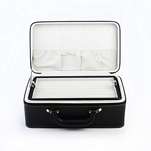 Oirlv Black Leather Jewelry Box Handmade Travel Jewelry Organizer Storage Case Holder For Girl Lady Earring,Ring,Necklace,Pendant,Watch,Bracelet.(3 layers) - color: Black