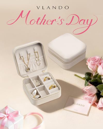 VLANDO Wedding Bridesmaid Gifts - Mothers Day Gifts - Small Jewelry Travel Organizer, Travel Jewelry Case for Ring, Earring, Necklace, Bracelet - Milky White - color: B.Beige
