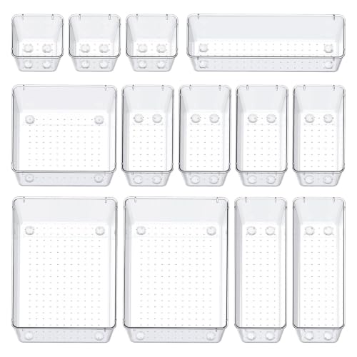13 Pcs Desk Organizer Tray for Makeup, 5 Sizes Vanity Makeup Drawer Organizer Set, Non-Slip Desk Drawer Organizer Trays for Bathroom, Bedroom, Office, Fits Jewelry - size: 13Pack